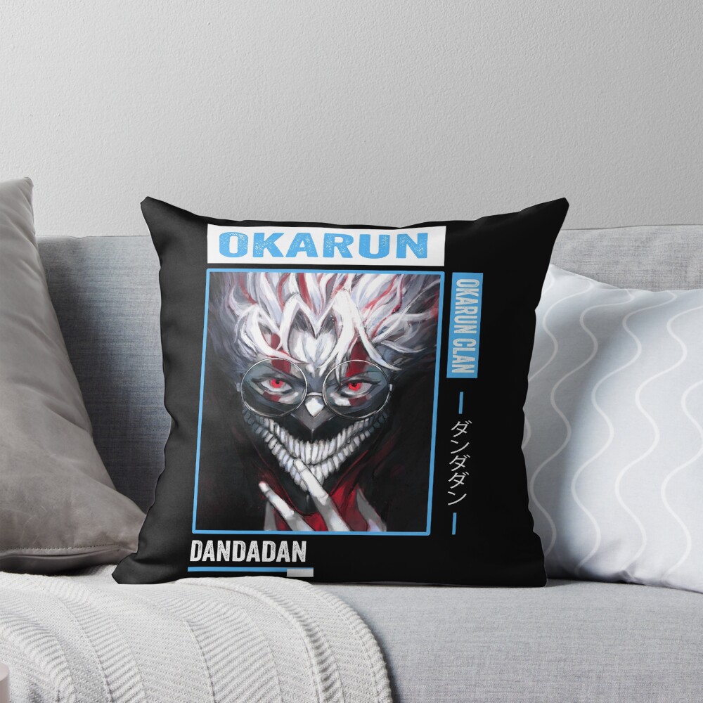 Okarun Dandadan Blue Text Throw Pillow